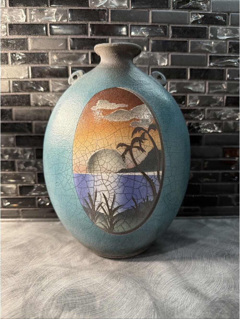 Ken Jensen Hand Signed 99 Raku Pottery Vase Hand Painted Tropical Crackle Glaze